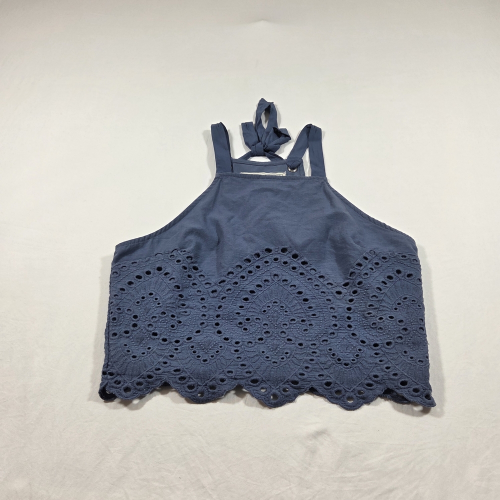 Abercrombie & Fitch Top Slate Blue  Crop Top Eyelet Sleeveless Scalloped Cotton